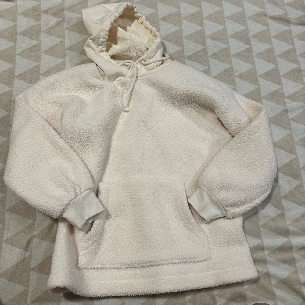Madewell resourced fleece bubble sleeve hoodie sweatshirt antique cream NWOT - Picture 4 of 6